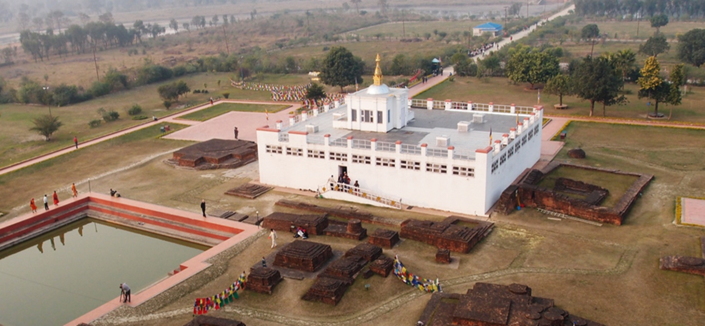 Aerial view of buildings and gardens at Lumbini