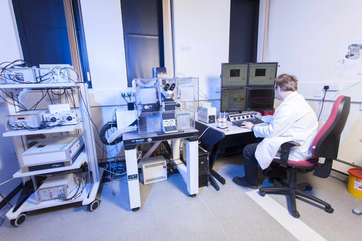 staff member using Leica SP5 confocal microscope