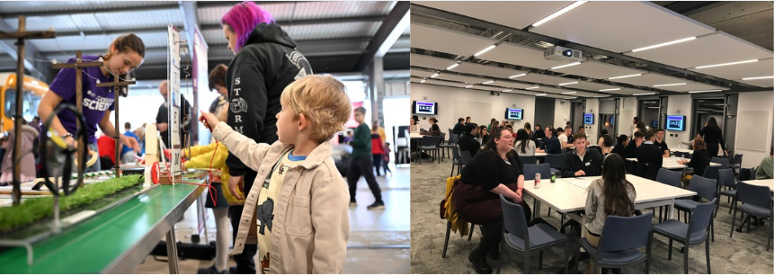 Boy at science festival and people at a table