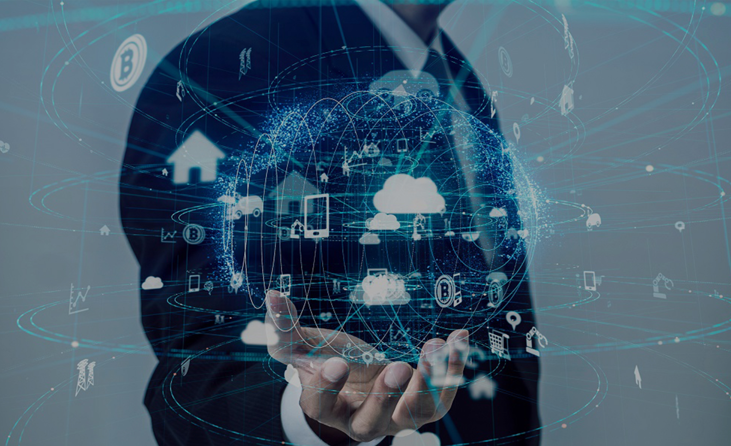 A man holding a projection of interconnected devices