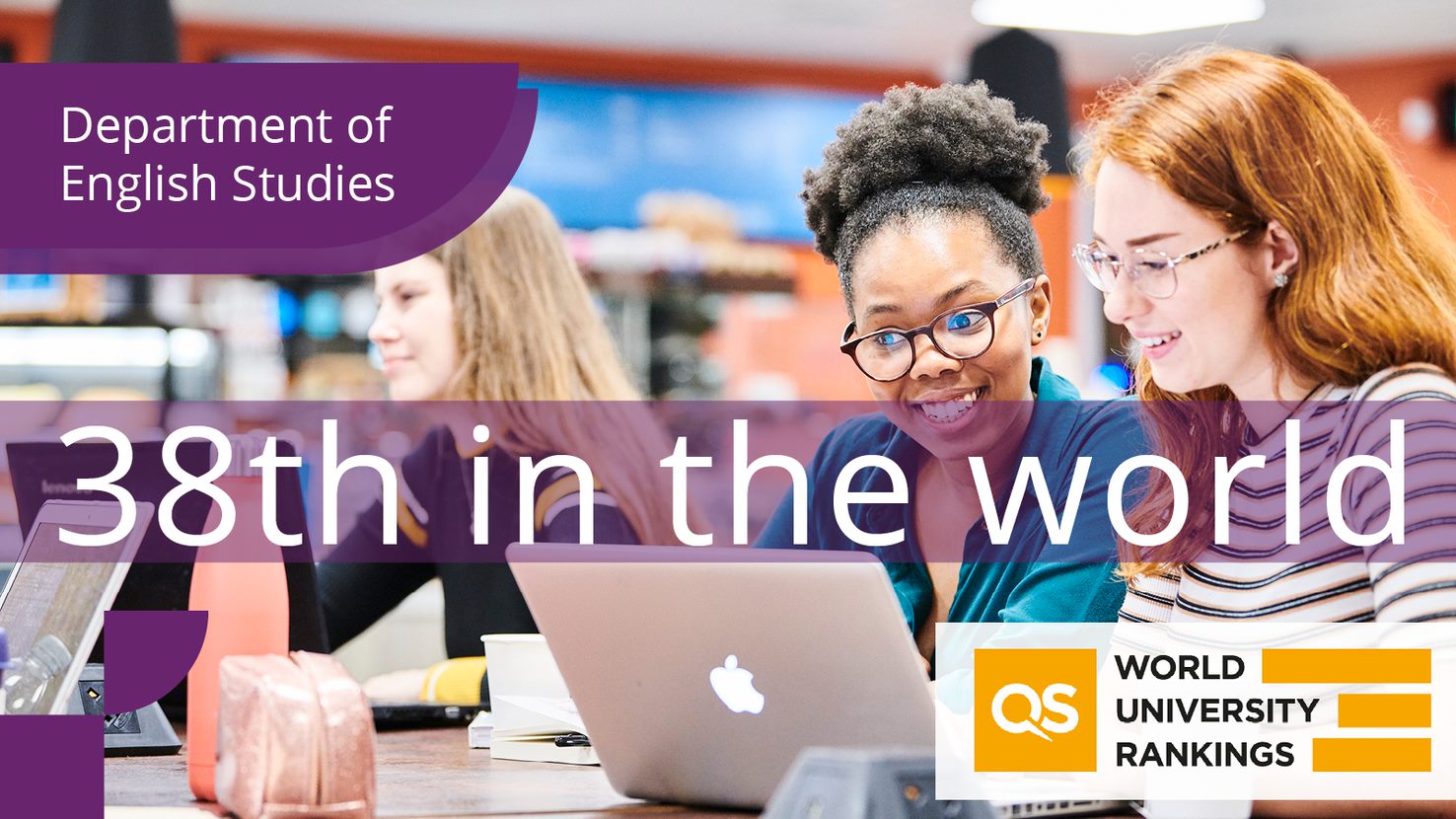 A man and woman look at a laptop in a library. Text says Department of English Studies 38th in the World QS World University Rankings.