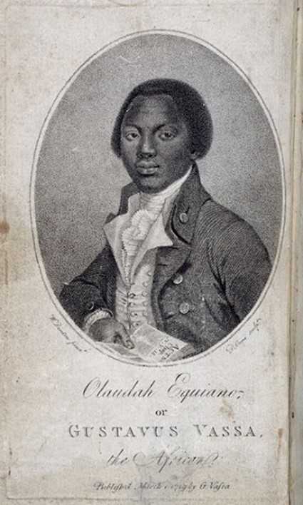 The cover page of the book written by Olaudah Equiano, featuring a portrait of the author