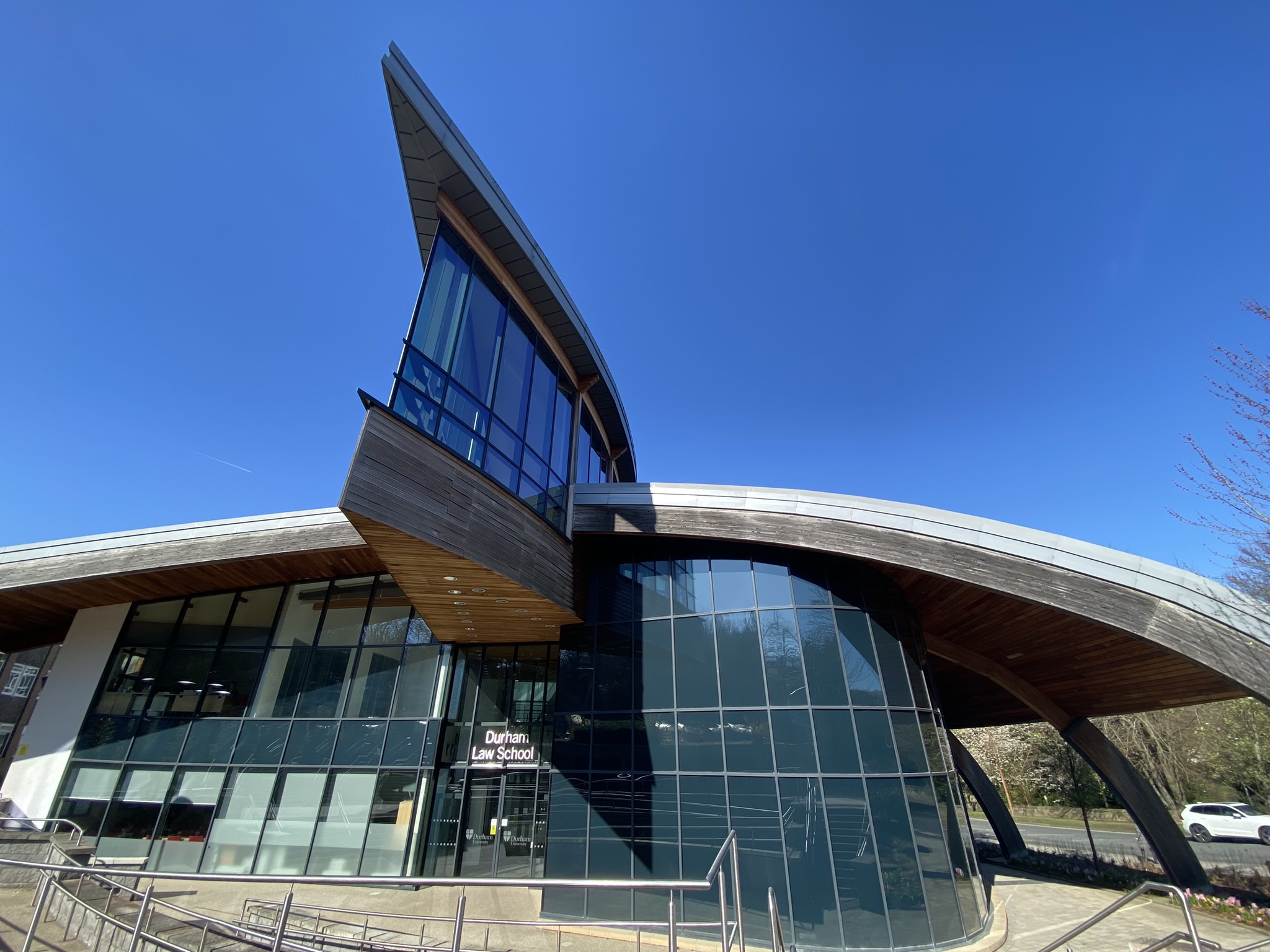 Durham Law school under a bright blue sky