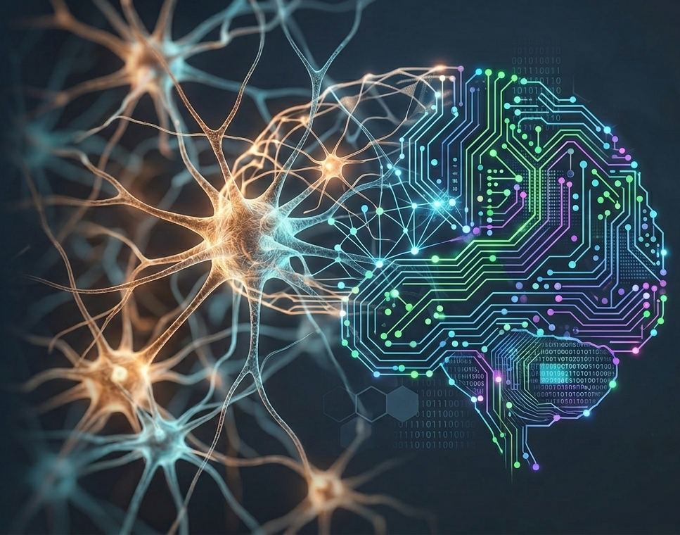 neurons merging into brain and circuit