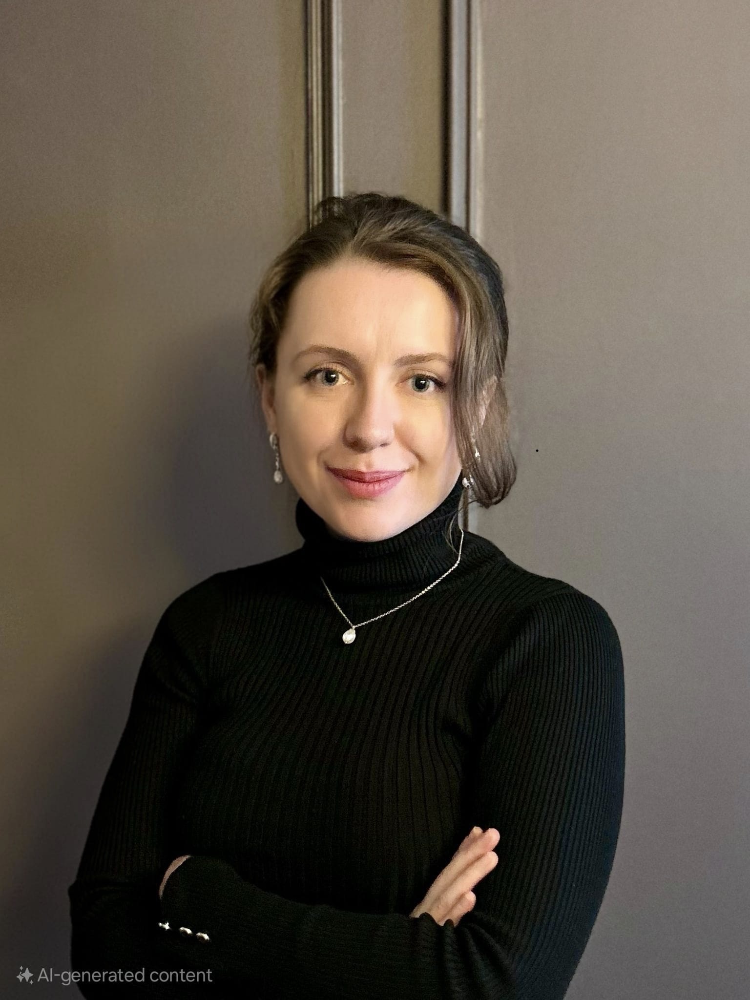 A woman in a black poloneck jumper
