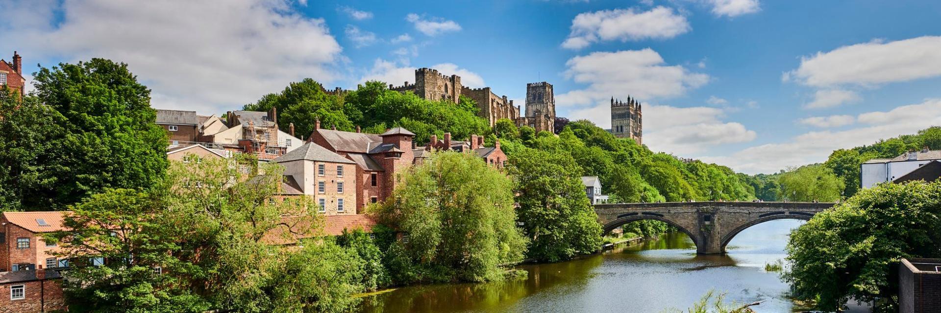 View of Durham Castle, Durham Cathedral and Framwellgate Bridge across the river