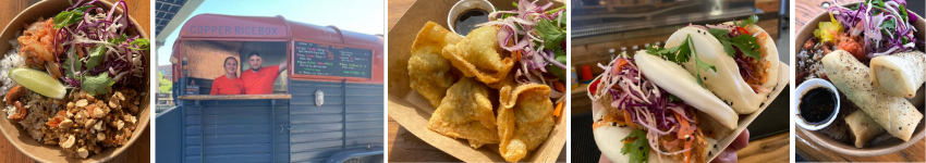 A row of photos showing the Copper Ricebox food van and some of its dishes including bao buns, spring rolls and a rice bowl.