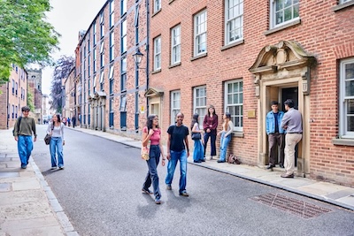 Students talking down  a street in Durham