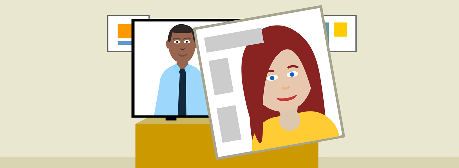 Cartoon of two people appearing on screens