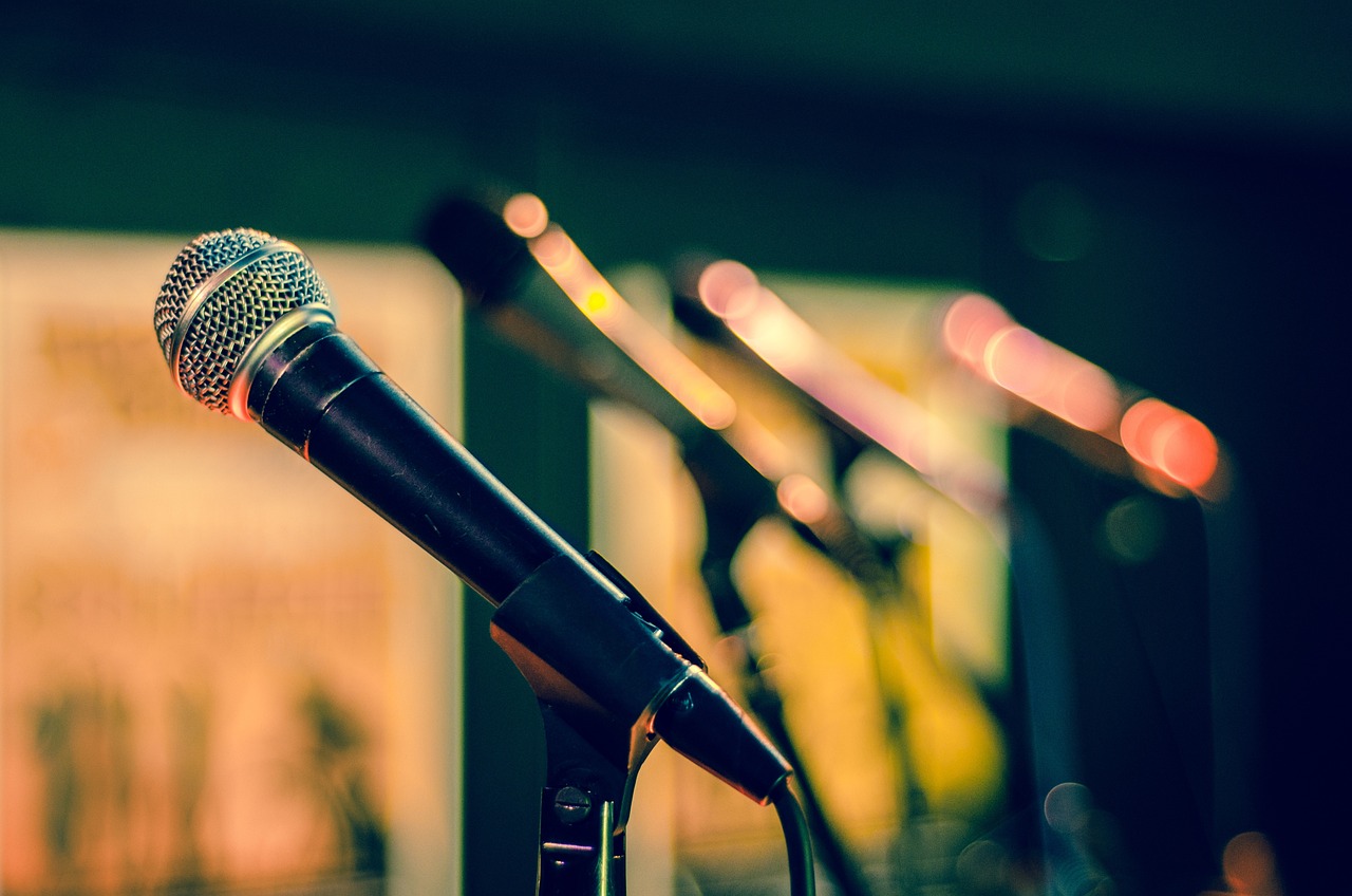 TA row of microphones