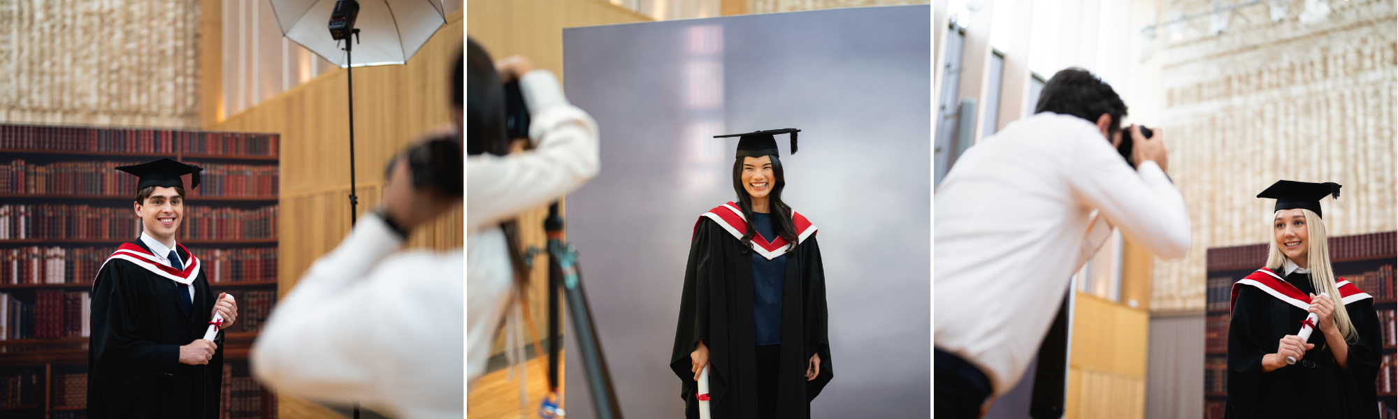 3 images of students getting professional photography at their graduation