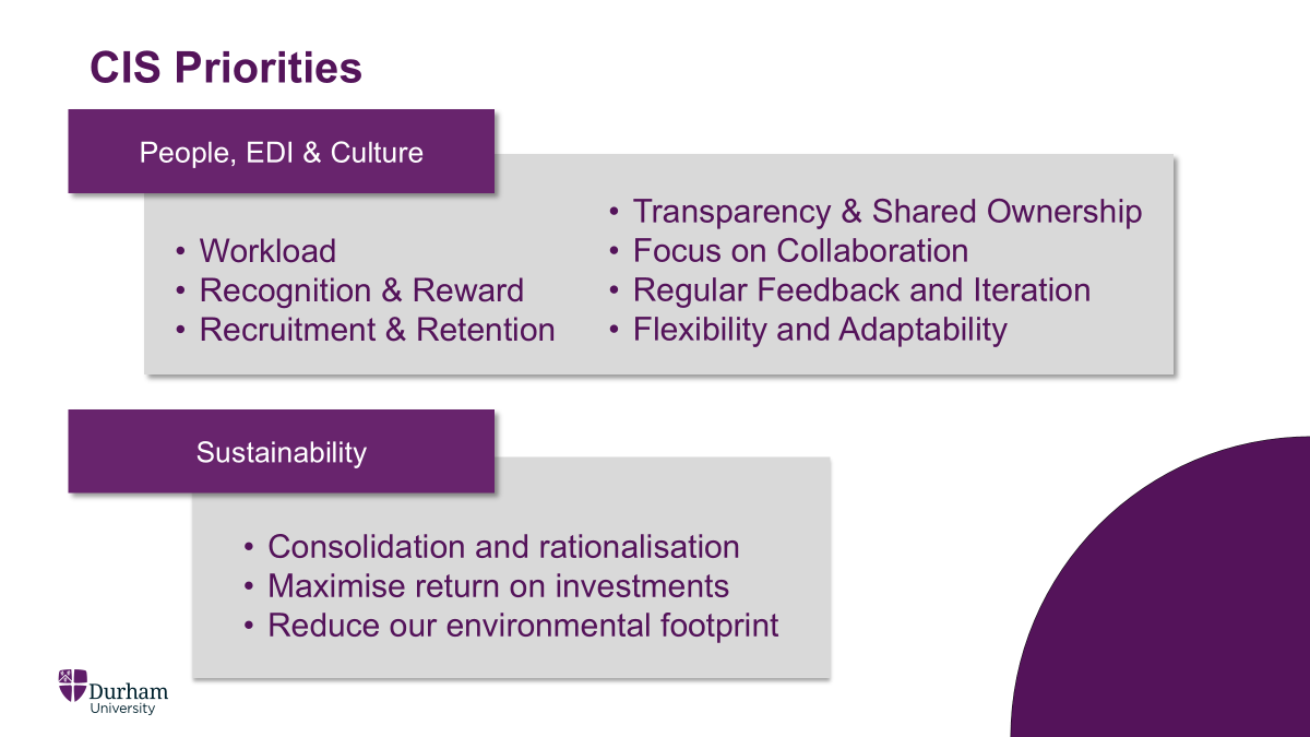 Screenshot showing the CIS priorities. People, EDI & Culture; workload, recognition and reward, recruitment and retention, transparency and shared ownership, focus on collaboration, regular feedback and iteration and flexibility and adaptability. Sustainability; consolidation and rationalisation, maximise return on investment and reduce our environmental footprint.