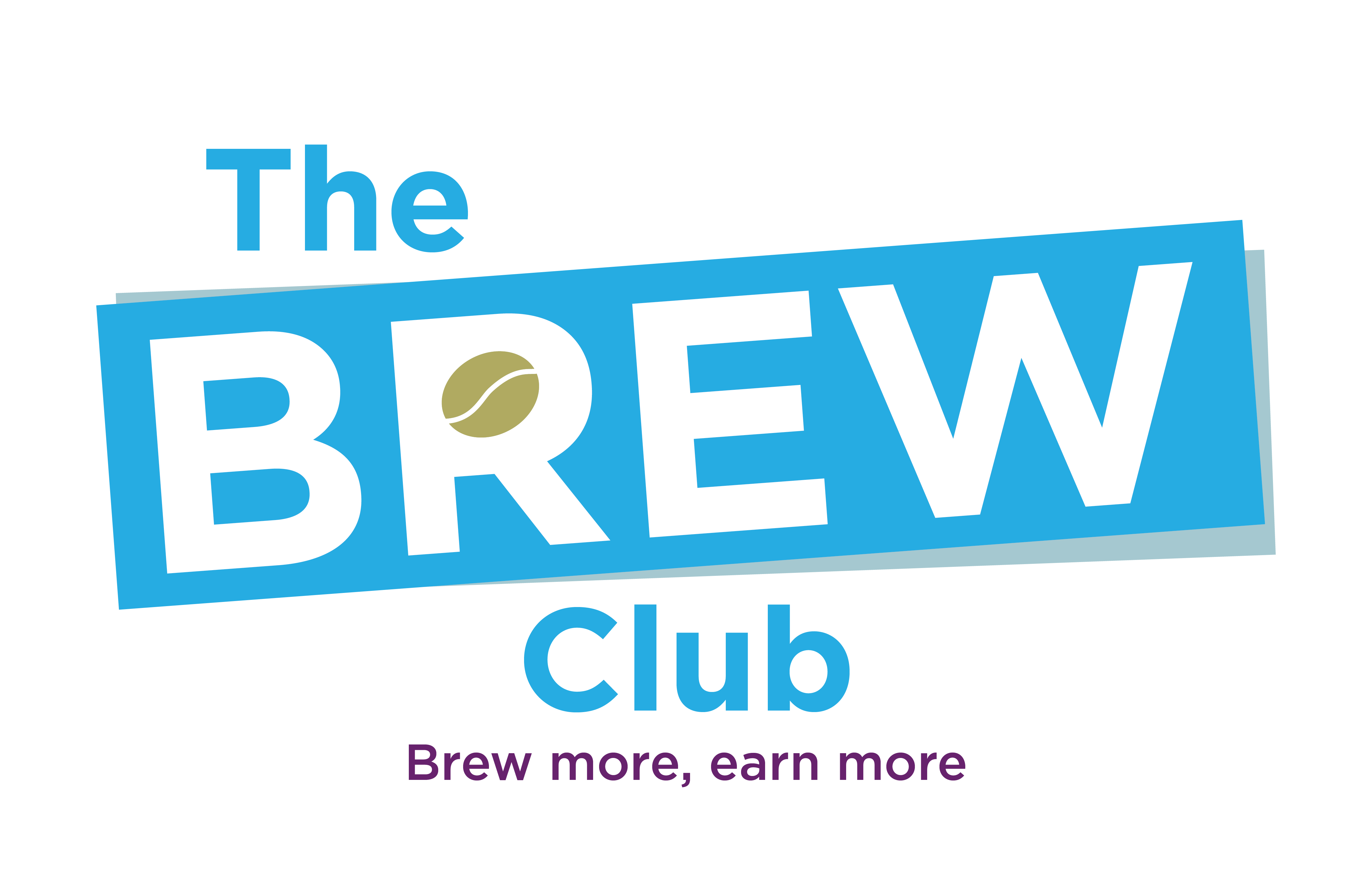 The Brew Club Logo: blue text across a white background, with the phase brew more, earn more