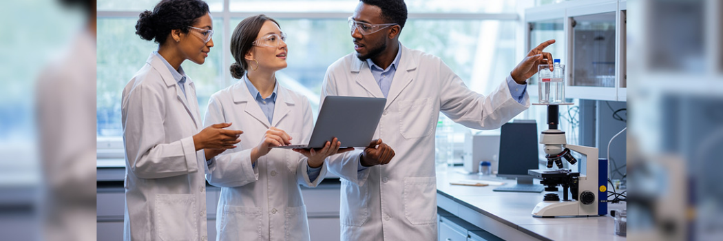 Three researchers in a laboratory setting