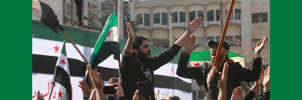 Protesters with Syrian flags outside a building