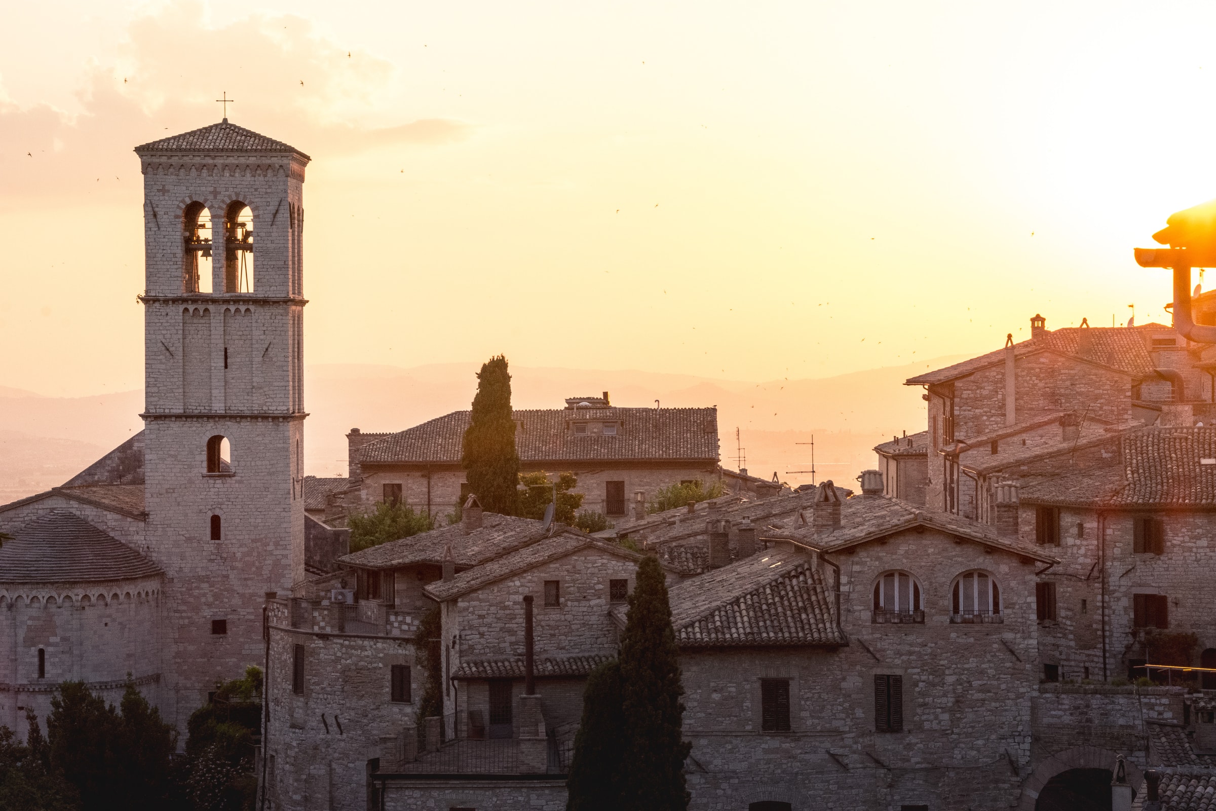 Sunset over buildings in France