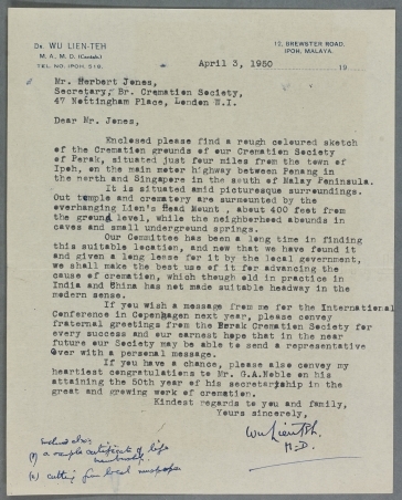 Letter from President of the Cremation Society of Perak, Dr Wu Lien-teh, to the British Cremation Society (British Cremation Society Archive CRE/P/2/Malaya/1).