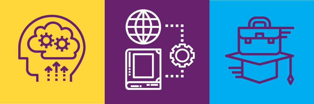 Three coloured squares containing symbols related to the benefits of language learning
