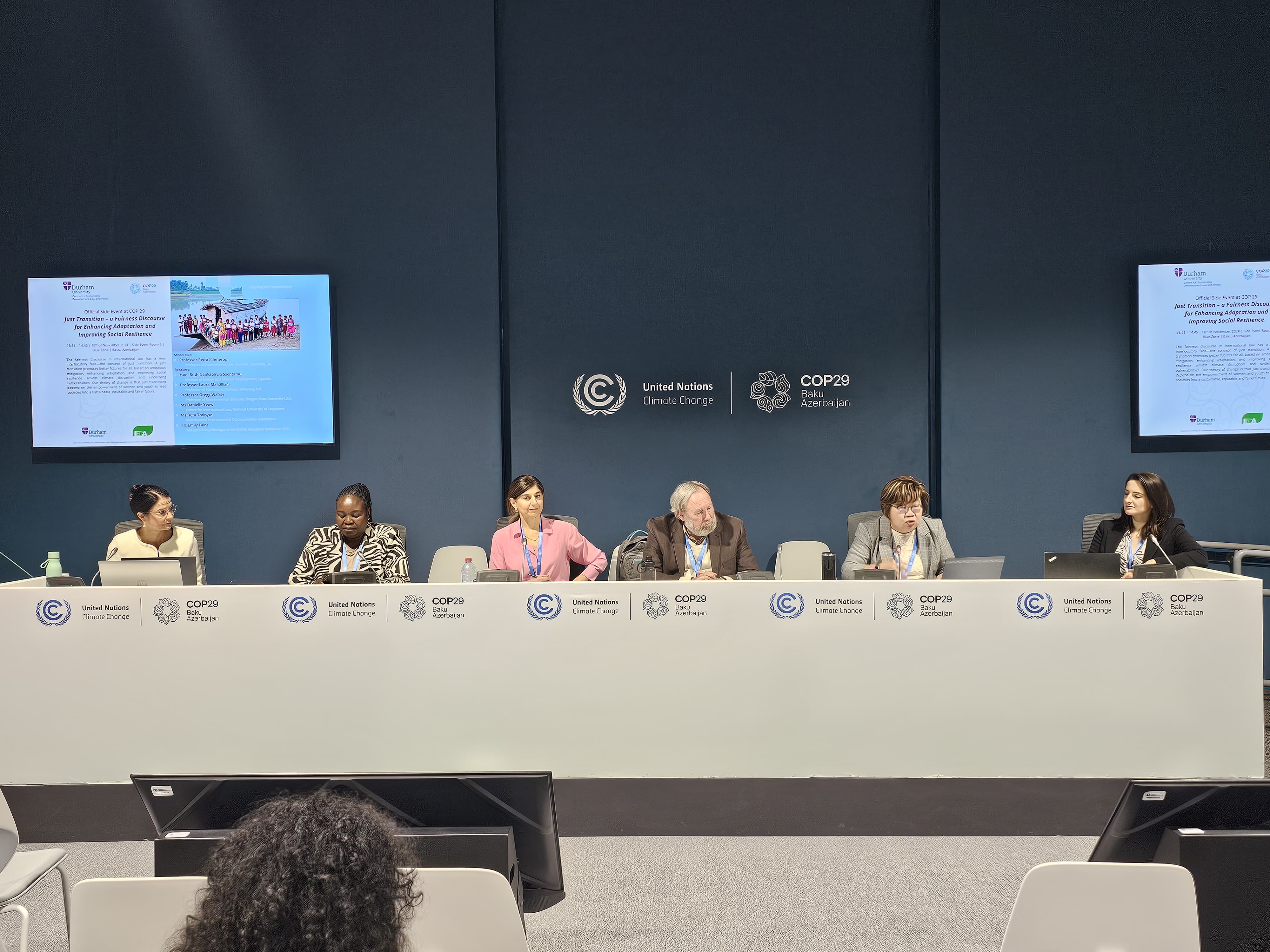 People sitting on chairs in a row as panellists at the UNFCCC Side Event at COP29