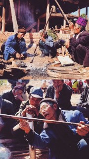 Men roasting bamboo and observing them