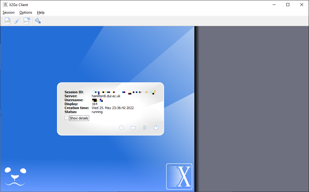 X2Go screen with started session