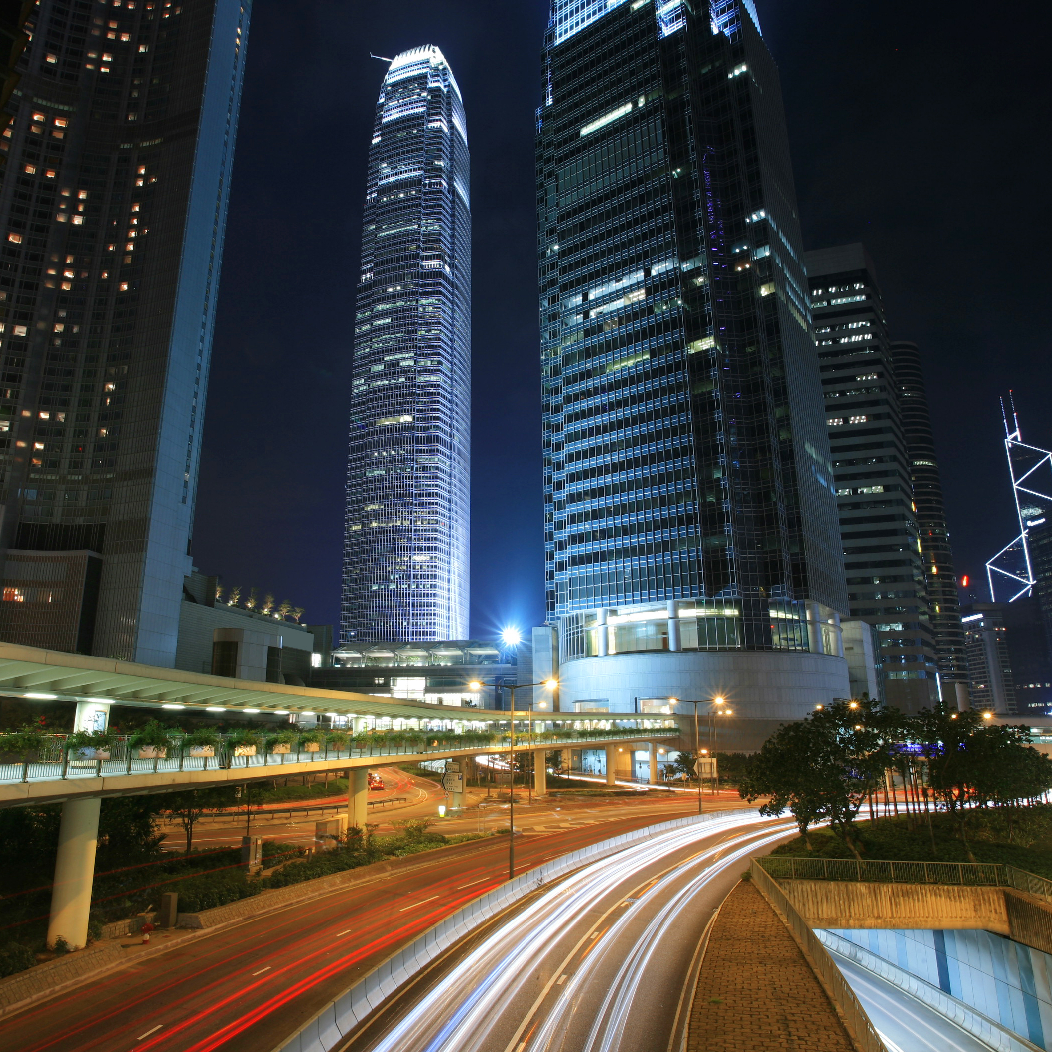 City Lights high rise buildings, lights from transport