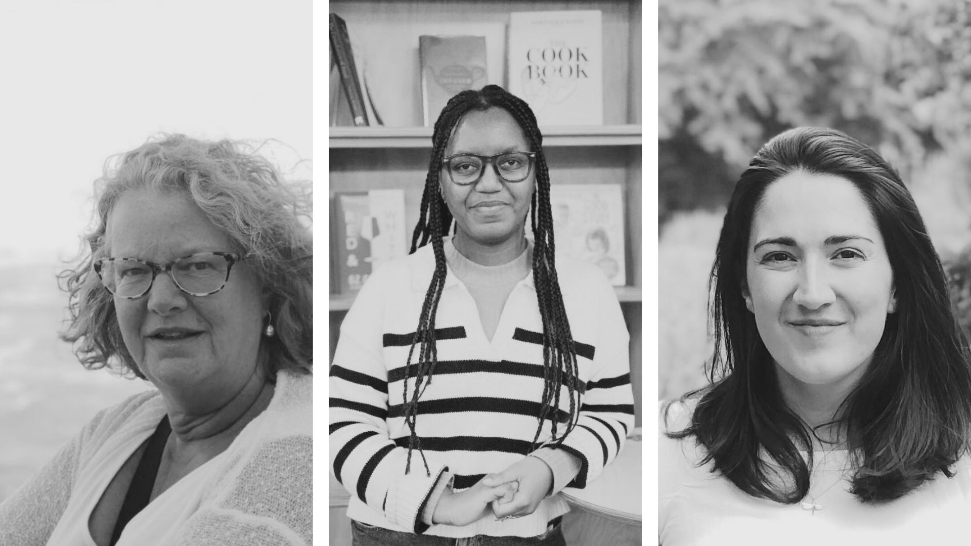 Three black and white profile photographs in a row: Dawn Williams (Left), Chimwemwe Phiri (Middle) and Katharine Cheston (Right).