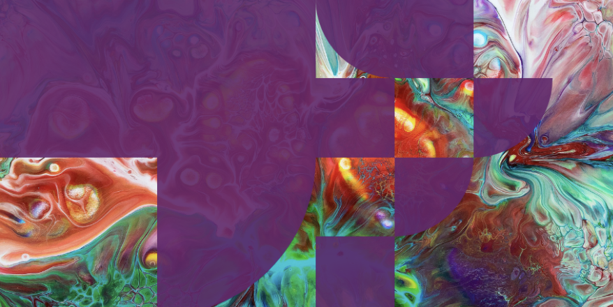 Abstract image with swirling patterns in bold colors, including red, green, and blue. Purple geometric shapes overlay the vibrant, fluid background.
