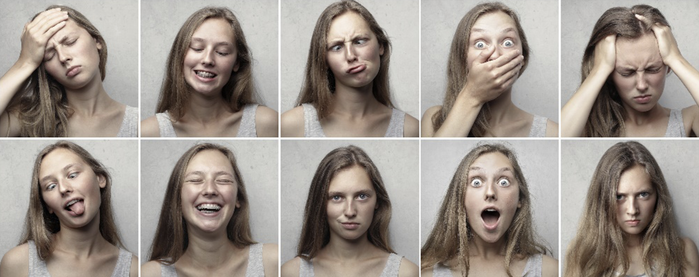 A grid of faces showing a white blond woman with shoulder length hair depicting different emotions