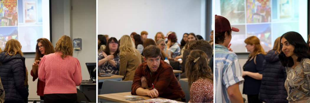 A collage of three images shows a classroom setting with diverse individuals engaged in discussions. A projector screen displays colorful art. The tone is collaborative.