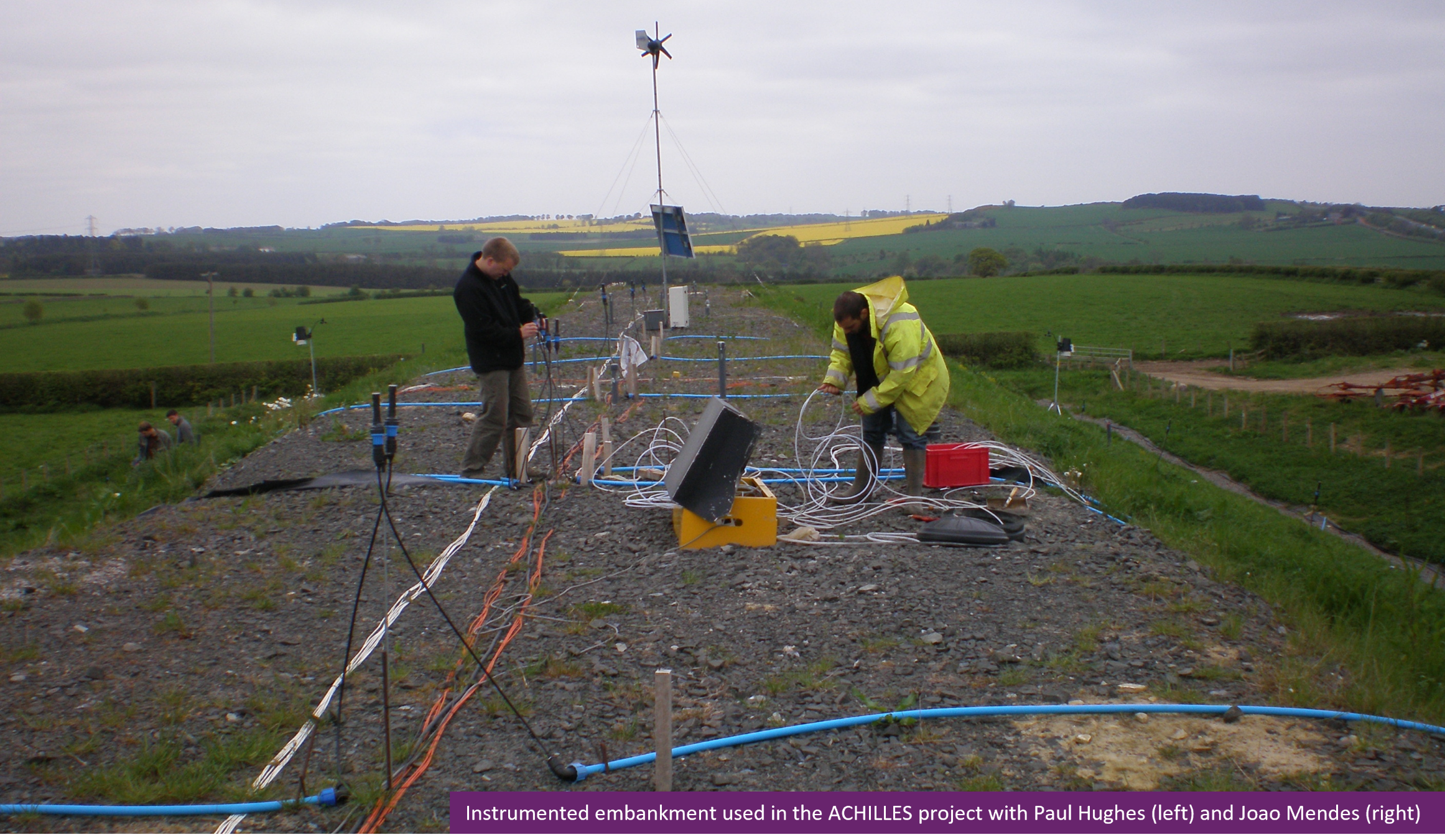 Instrumented embankment used in the ACHILLES project with Paul Hughes (left) and Joao Mendes (right)