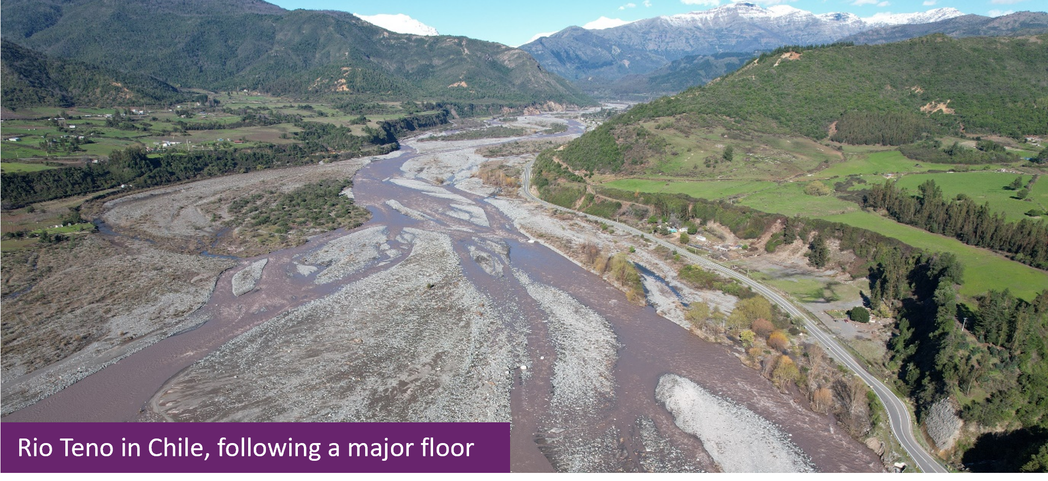 Rio Teno in Chile following a major flood. The river is wide and full of sediment