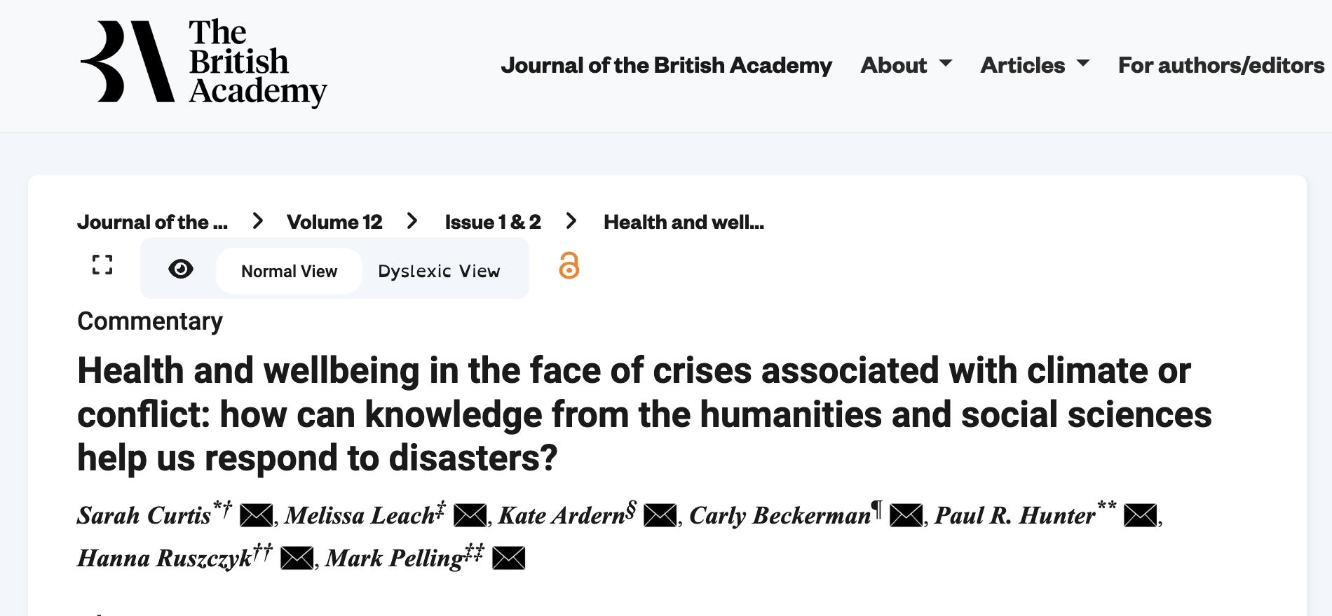 Health and wellbeing in the face of crises Commentary published in Journal of the British Academy