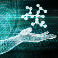 Molecules floating above a computerised hand