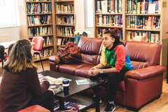 Students talking in library