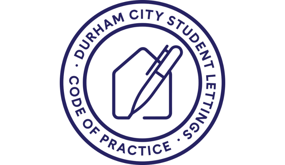 The kitemark for the Durham Student Lettings Code of Practice, showing a pen outlining a house