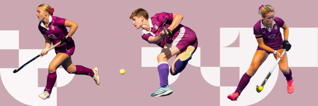 Three young people in purple sports strips with hockey sticks.