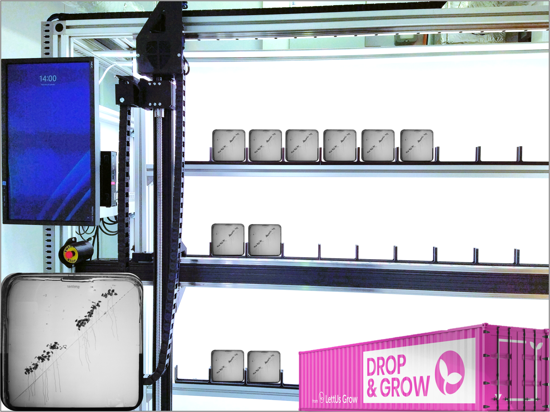 Root phenotyping equipment beside controlled environment unit Drop & Grow